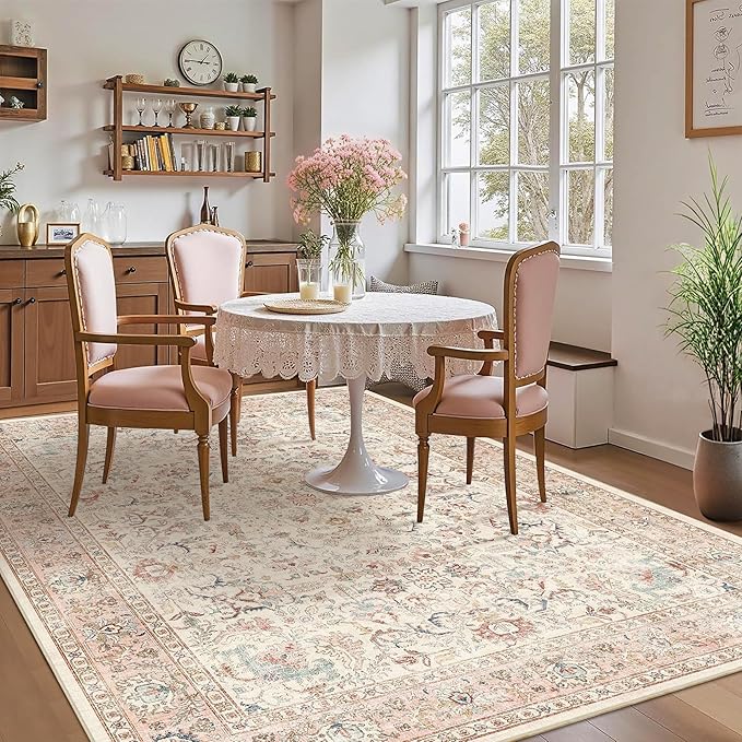 5x7 Pink Washable Area Rugs for Living Room Non Slip Low Pile Vintage Boho Throw Rug Soft Retro Distressed Floral Carpet Indoor Farmhouse Decor for Bedroom Dining Room Office Kitchen Playroom