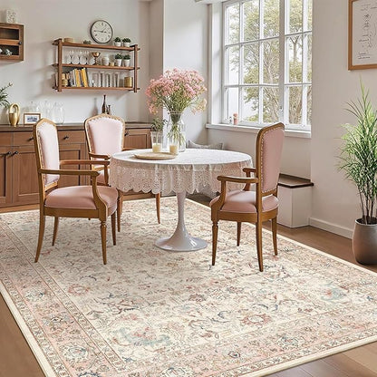 5x7 Pink Washable Area Rugs for Living Room Non Slip Low Pile Vintage Boho Throw Rug Soft Retro Distressed Floral Carpet Indoor Farmhouse Decor for Bedroom Dining Room Office Kitchen Playroom