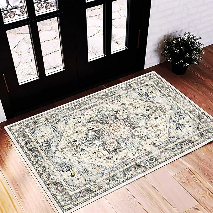 CHAMPLANT 2'x3' Cyan Khaki Area Rug Washable Door Mat Vintage Distressed Doormat Indoor Entrance Traditional Thin Floral Print Non Slip Carpet for Kitchen Bathroom Bedroom Living Room