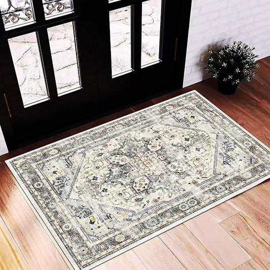 CHAMPLANT 2'x3' Cyan Khaki Area Rug Washable Door Mat Vintage Distressed Doormat Indoor Entrance Traditional Thin Floral Print Non Slip Carpet for Kitchen Bathroom Bedroom Living Room
