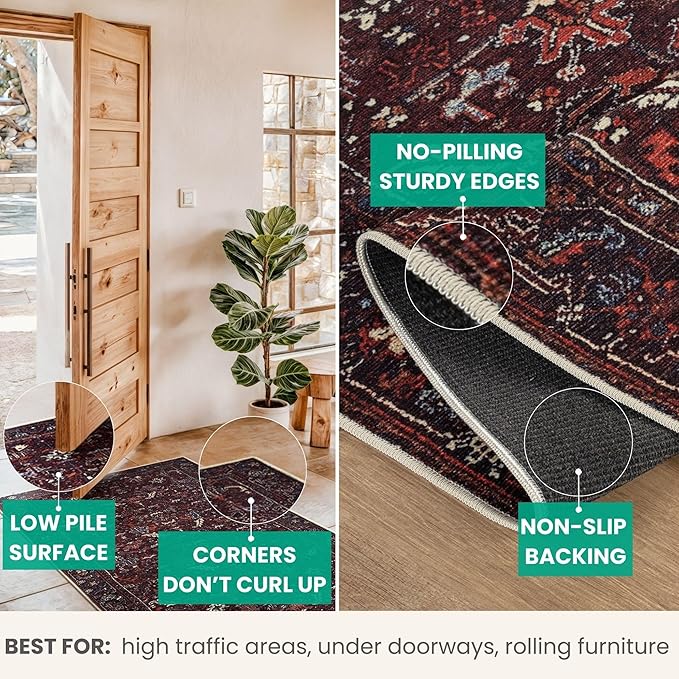 Bloom Rugs Washable Non-Slip 6' x 9' Rug - Burgundy Traditional Bordered Area Rug for Living Room, Bedroom, Dining Room, and Kitchen - Exact Size: 6' x 9'