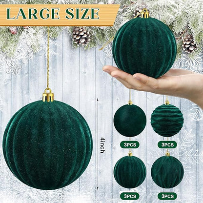 Liliful 12 Pcs Velvet Christmas Ornaments Balls, 4 Inch Flocked Plastic Christmas Tree Ball Shatterproof Hanging Ornaments Decorations for Xmas Tree Vintage Holiday Rustic Home Decor(Dark Green)
