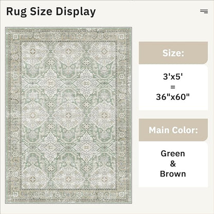 Soalmost 3x5 Rug, Small Area Rug for Kitchen, Entryway, Machine Washable Non-Slip Throw Rug, Vintage Carpet for Nursery Coffee Table Green/Brown