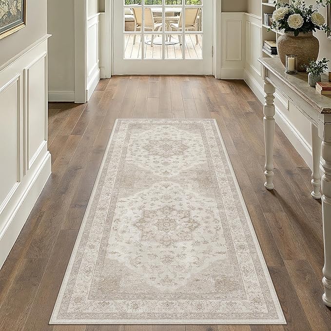 PureCozy Beige Runner Rug 2x6 Washable Vintage Long Carpet for Hallway Kitchen Soft Retro Low Pile Thin Indoor Runner Non Slip Oriental Medallion Throw Rug for Bathroom Bedroom Laundry Dining Room