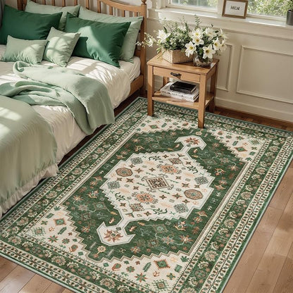 Tangsoo Vintage 3x5 Rug for Bedroom,Non-Slip Washable Indoor Area Rug,Boho Green Beige Low Pile Carpet for Front Porch Living Room Patio Entryway