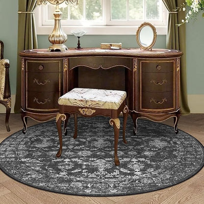 5ft Black Round Washable Area Rug for Living Room Vintage Boho Non Slip Circle 5x5 Rug Distressed Floral Carpet Indoor Retro Soft Low Pile Farmhouse Throw Rug for Bedroom Nursery Office