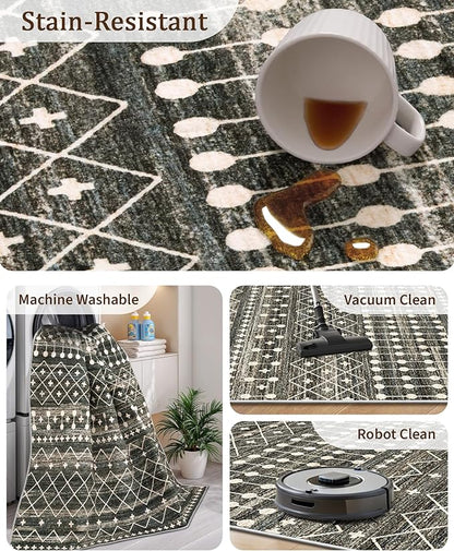 Miukiki 4x6 Area Rug for Living Room Moroccan Washable Rugs Non Slip Indoor Floor Carpet Foldable Large Soft Area Rug for Dining Room Bedroom with Low Pile(Black,4'x6')