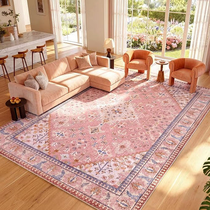 9x12 Area Rugs for Living Room, Machine Washable Low Pile Rug, Non Slip Backing Boho Rugs for Bedroom, Printed Soft Vintage Carpet Peach Pink 9 x 12