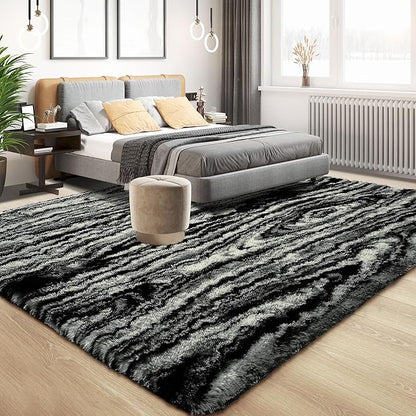 Tepook Fluffy Large Rugs for Living Room, 8x10 Area Rugs for Bedroom, Modern Shag Fuzzy Carpets for Kids Boys Girls, Plush Indoor Nursery Home Decor Rug with Non-Slip Bottom, Black White