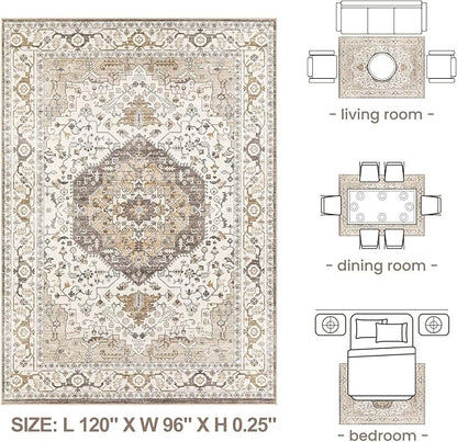 Area Rug for Living Room - 8x10 Soft Washable Oriental Vintage Floral Distressed Large Carpet - Fade Stain Resistant Non Slip Rugs for Bedroom Dining Room Nursery Dorm Office Home Decor-Camel/Beige