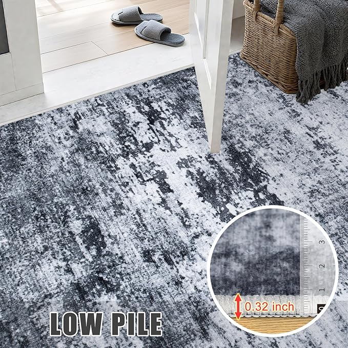 Washable Area Rug 3x8 Entryway Rug: Washable Modern Abstract Soft Thin Rug Indoor Floor No Slip Stain Resistant Carpet for Bedroom Dining Room Farmhouse Nursery Home Office - Black