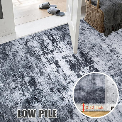 2.6'x10' Runner Rug Washable Rug: Modern Abstract Soft Thin Runner Rug Black