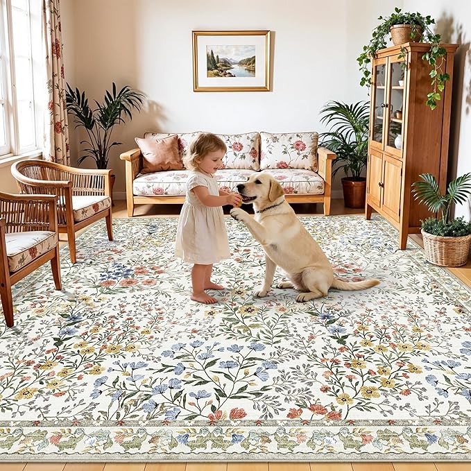 10x10 Square Area Rug Living Room: Boho Floral Washable Mat for Dining Room Bedroom Office High Traffic Area Soft Non Slip Low Pile Indoor Carpet for Vintage Farmhouse Home Decor (10ft Square, Beige)