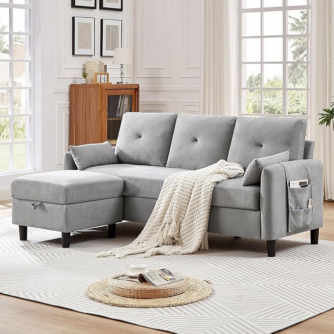 Convertible Sectional Sofa, 77" Small L Shaped 3 Seat Couch with Reversible Storage Chaise, Modern Polyester Fabric Sofa Couches for Living Room, Apartment and Small Space