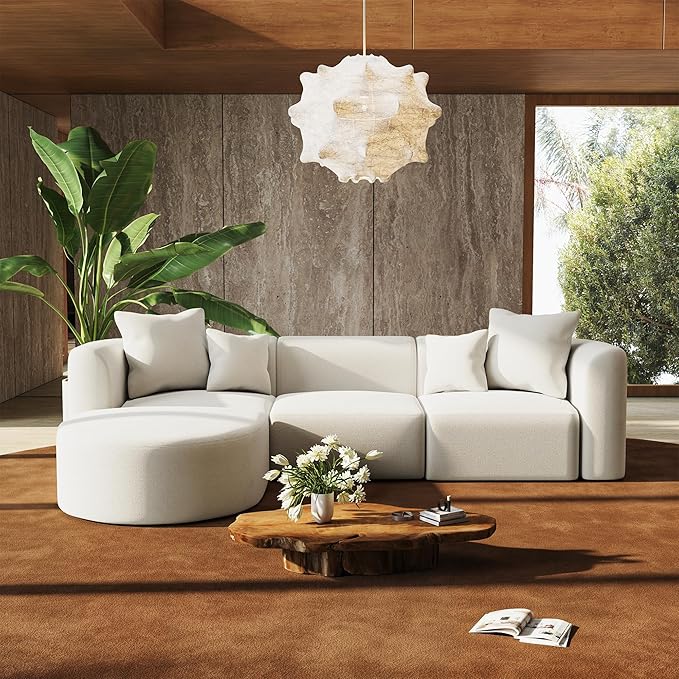 116" Modular Sectional Couches with Ottoman, Luxury Modern Curved Back Sofa, Minimalist Style Oversized 4 Seat Deep Comfy Convertible L Shape Boneless Couch for Living Room Studio Apartment, Beige