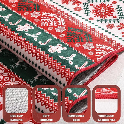Area Rugs for Bedroom, 5x7 Ft Indoor Washable Rugs for Entryway Snowflake Print Living Room Carpet, Farmhouse Welcome Front Door Mat Non Slip Carpet for Entrance Porch Bath Kitchen, Green/Red