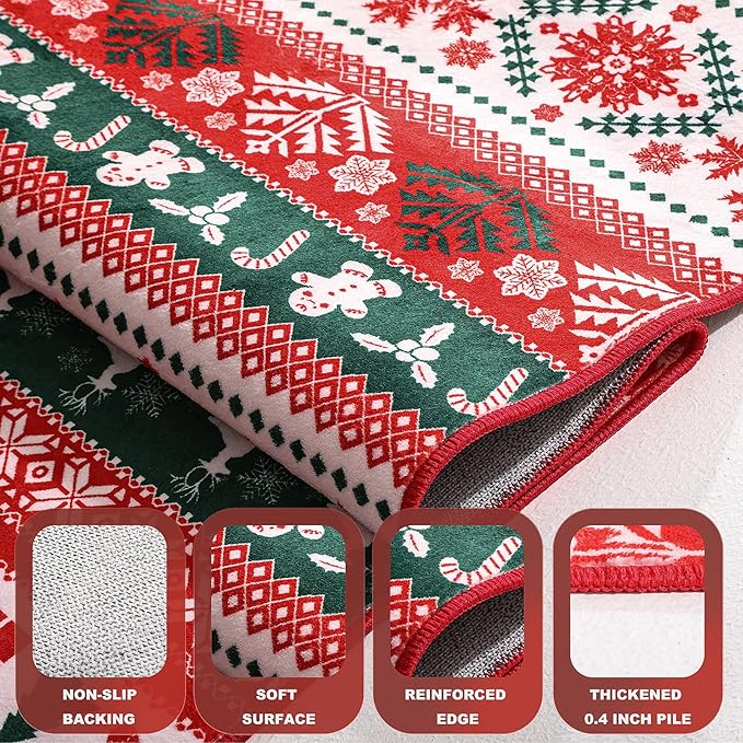Area Rugs for Bedroom, 4x6 Ft Indoor Washable Rugs for Entryway Snowflake Print Living Room Carpet, Farmhouse Welcome Front Door Mat Non Slip Carpet for Entrance Porch Bath Kitchen, Green/Red