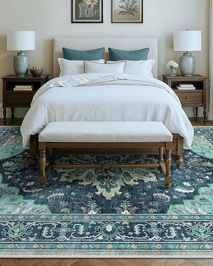 RELEANY Area Rugs 9'x12' Washable Non-Slip, Floral Vintage Distress Print Pattern Medallion Carpet for Living Room Bedroom Dining Room, Teal Green Lake Blue Turquoise