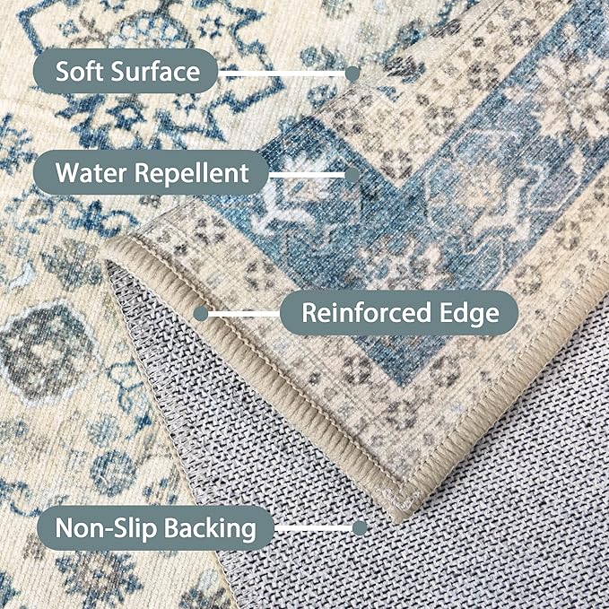 5x7 Area Rug Machine Washable Boho Rug for Living Room,Ultra-Thin Low Pile Carpet,Lightweight Indoor Printed Rug,Non Slip Floral Area Rug for Bedroom, Dining Room, Home Office,Blue