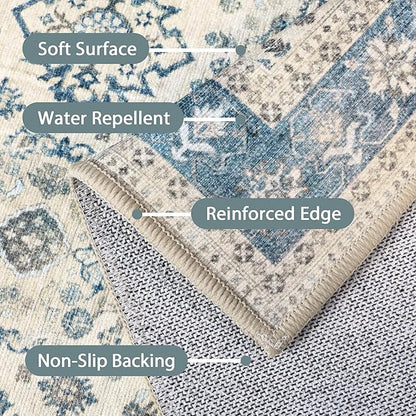 5x7 Area Rug Machine Washable Boho Rug for Living Room,Ultra-Thin Low Pile Carpet,Lightweight Indoor Printed Rug,Non Slip Floral Area Rug for Bedroom, Dining Room, Home Office,Blue