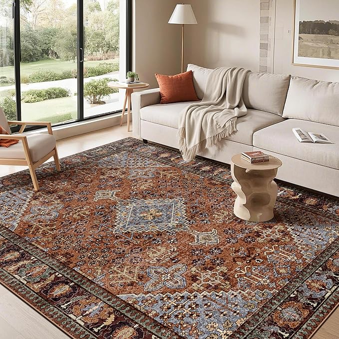 Kokia 5x7 Area Rugs for Living Room, Machine Washable Low Pile Rug, Non Slip Backing Boho Rugs for Bedroom, Printed Soft Vintage Carpet Sienna Brown 5 x 7