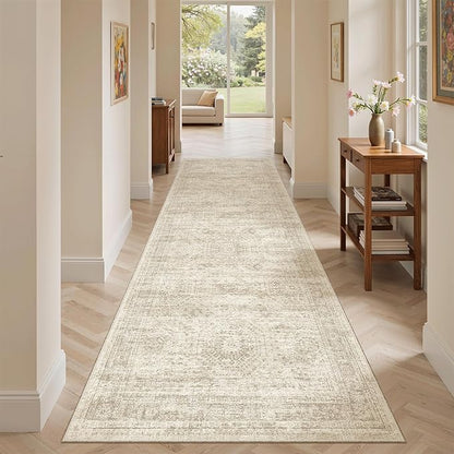 Soalmost Washable Runner Rug, 2'6" x 8' Non-Slip Kitchen Vintage Foldable Hallway Runners for Entryway, Laundry, Bedroom, Beige