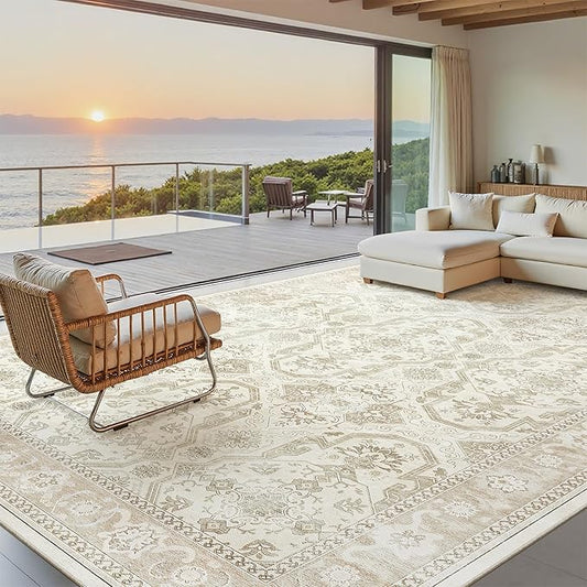 Soalmost Washable Area Rug 8x12, Large Soft Rugs for Living Room Vintage Beige/Brown Carpet 8x12 Area Rugs for Bedroom Dining Room Non-Slip Stain Resistant Under Table Rug