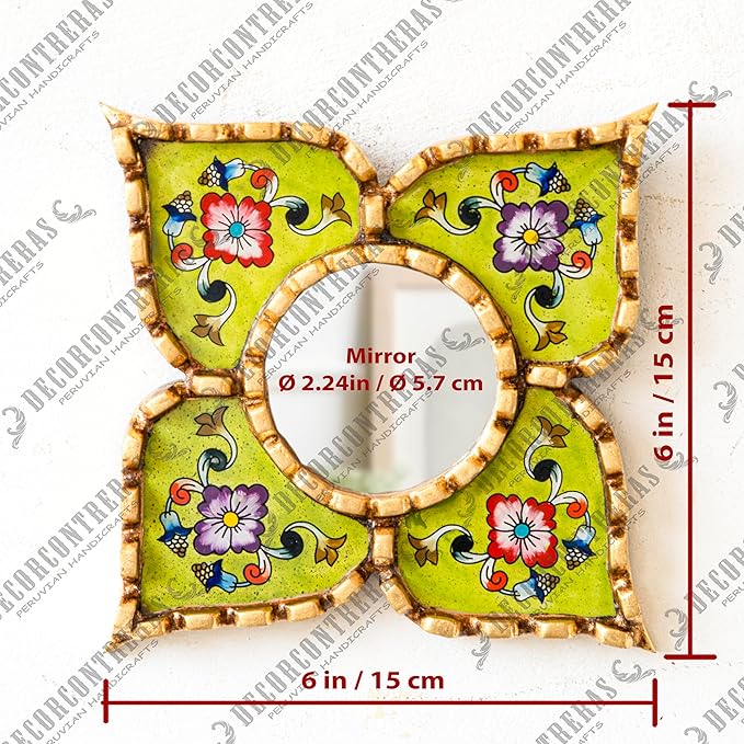 Small Green Peruvian Mirrors for wall Holiday – Diamond/Square Shape wall Artisan Mirror in Painted Glass with Gold Leaf Frame (Lime Green)