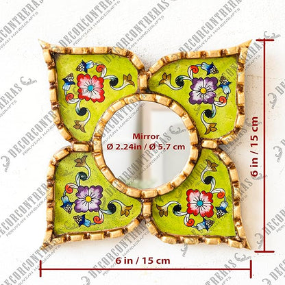 Small Green Peruvian Mirrors for wall Holiday – Diamond/Square Shape wall Artisan Mirror in Painted Glass with Gold Leaf Frame (Lime Green)