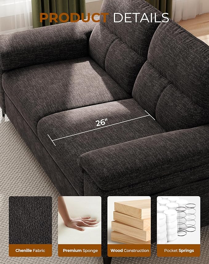 Upvilla 71.25" Modern Sofa Couch for Living Room, Deep Seat Sofas with 8” Cushion, Comfy 2-Seater Chenille Loveseat with Convertible Armrest, Removable Sofa Cover, High Leg (Dark Gray)