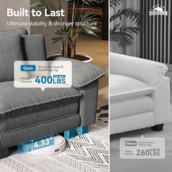 SUNSHINE VALLEY 53.5'' Oversized Accent Chair, Corduroy Single Seat Modular Sofa Chair with Wider Armrest and Pillow, Modern Cloud Deep Seat Armchair for Bedroom Living Room, Grey