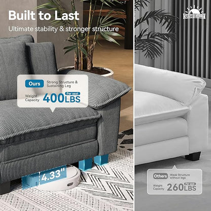 SUNSHINE VALLEY L Shaped Modular Cloud Couch, 157.5'' Oversized Corduroy Sectional Sofa with Wider Armrest and Ottoman, Upholstered 5-Seat Modern Deep Seat for Bedroom Living Room, Grey