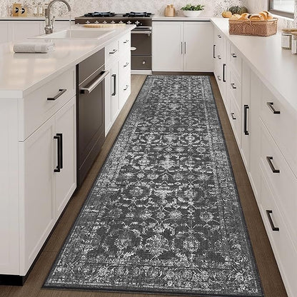 3x10 Black Runner Rug Hallway Washable Area Rugs Kitchen Vintage Boho Non Slip Long Rug Floral Carpet Indoor Retro Soft Low Pile Throw Rug for Bedroom Bathroom Laundry Dining Living Room Office