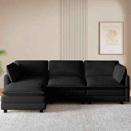 ROWHY 112'' Modular Sectional Cloud Couch with Movable Ottoman, 4 Seat Modern Chenille Sofa with 2 Throw Pillows, Deep Seat L Shaped Couch for Living Room Bedroom Apartment, Black | Arrange Freedom, Pet-Friendly Fabric, Sturdy Frame, Ultimate Comfort, ...