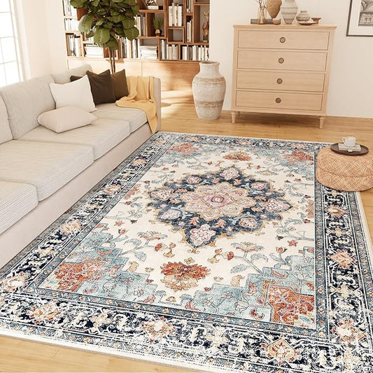 CAPALOCA Machine Washable Rugs Nursery Rug 6x9 Cute Girl Non Slip Low Pile Water Repellent Soft Print Pattern for Bedroom Indoor Decor Kids Playroom Bluebeige