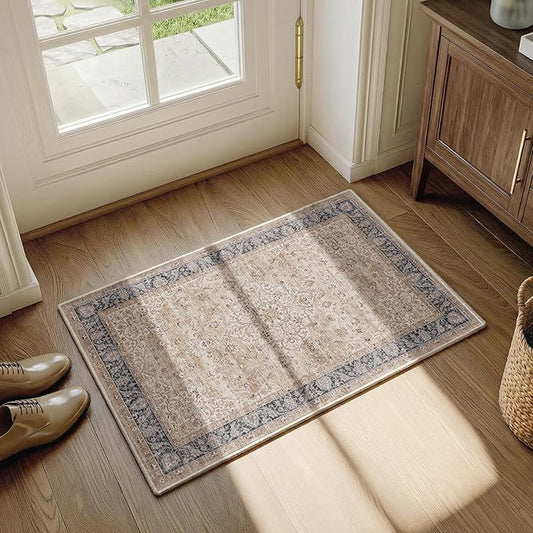Entryway Rug 2x3 Brown Washable Vintage Entryway Area Rug Distressed Oriental Neutral Non Slip Low Pile Door Mat Soft Retro Small Throw Thin Indoor Carpet for Entry Entrance Kitchen Bathroom Bedroom