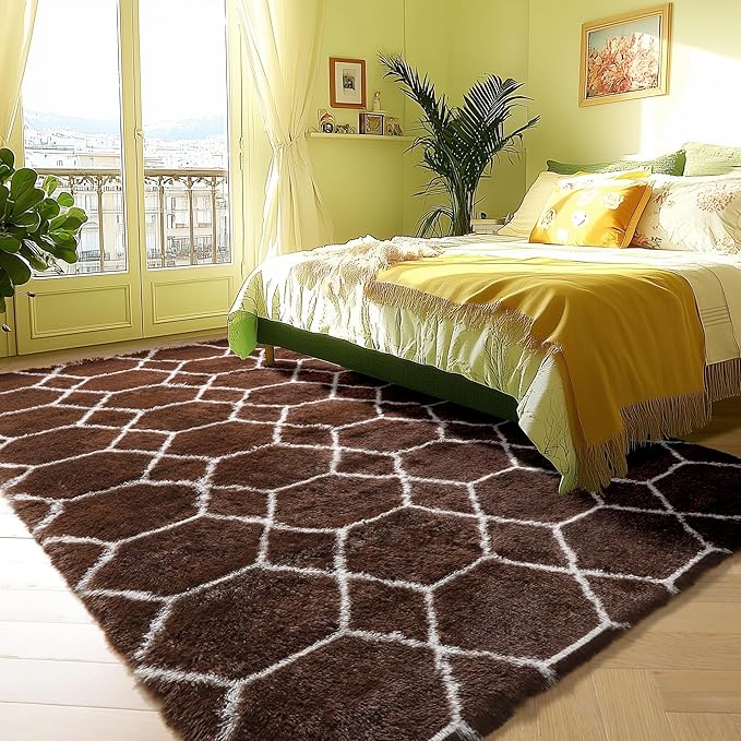 ONASAR 6x9 Area Rugs for Living Room Bedroom, Large Fluffy Brown and White Throw Rug, Geometric Soft Plush Shaggy Fuzzy Floor Carpet for Nursery Kids Girls Boys Teen Dorm Home Office Decor