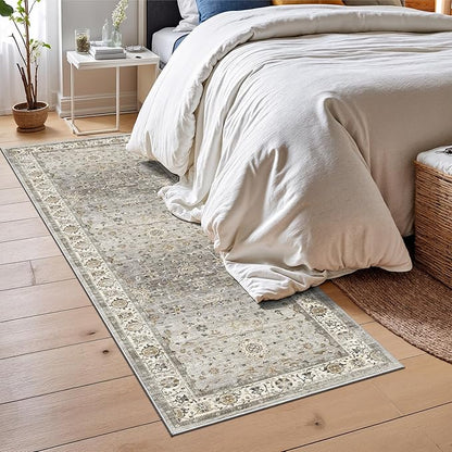 2.6x8 Washable Hallway Runner Rug - Kitchen Rugs with Non Slip Backing Vintage Soft Farmhouse Entryway Mat for Living Room Laundry Bedroom Bathroom Ivory/Grey