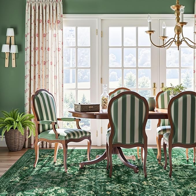 Deep Green Area Rugs 5x8 for Living Room, Washable Vintage Rugs for Bedroom, Distressed Throw Rug, Non Slip Rug Carpet for Bedroom Dining