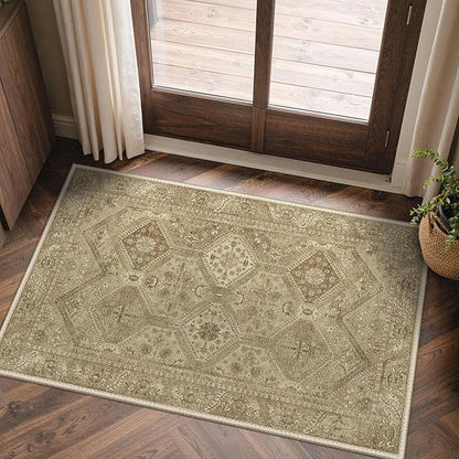Bavni 2x7 Runner Rugs for Hallways Kitchen, Washable Rug Vintage Print Carpet, Low Pile Lightweight Mat with Non Slip Backing, Light Brown