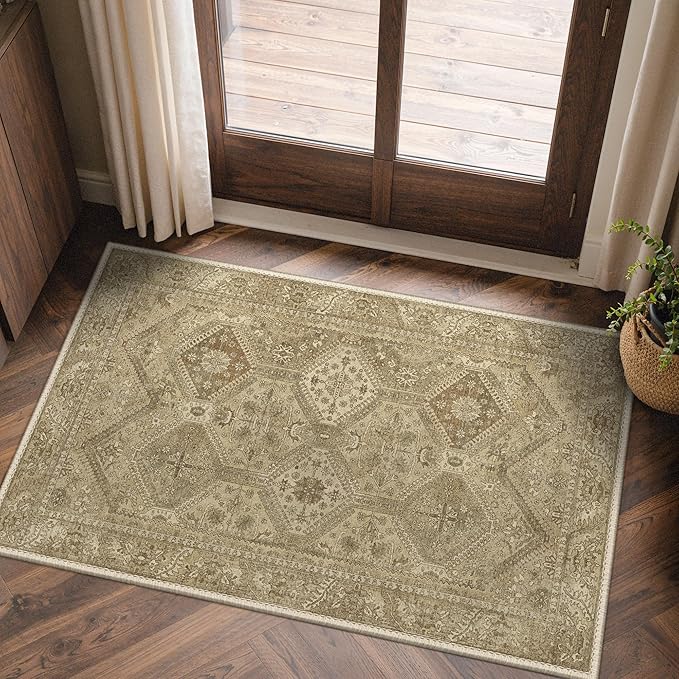 Bavni 2x3 Entryway Rug for Front Door Bathroom, Washable Vintage Print Carpet, Low Pile Lightweight Rug with Non Slip Backing, Light Brown