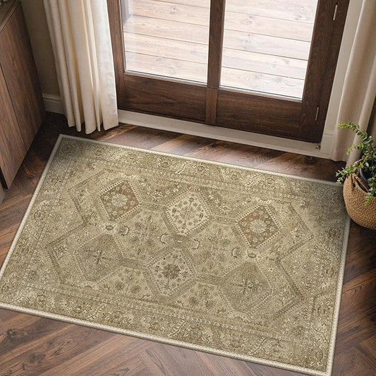 Bavni 2x3 Entryway Rug for Front Door Bathroom, Washable Vintage Print Carpet, Low Pile Lightweight Rug with Non Slip Backing, Light Brown