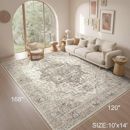 Area Rug 10x14 Washable Vintage - Soft Traditional Rug for Living Room Bedroom Dining Room or Home Office -Non Slip Backing Large Rugs with Low Pile Farmhouse Oriental Retro Carpet - Light Brown