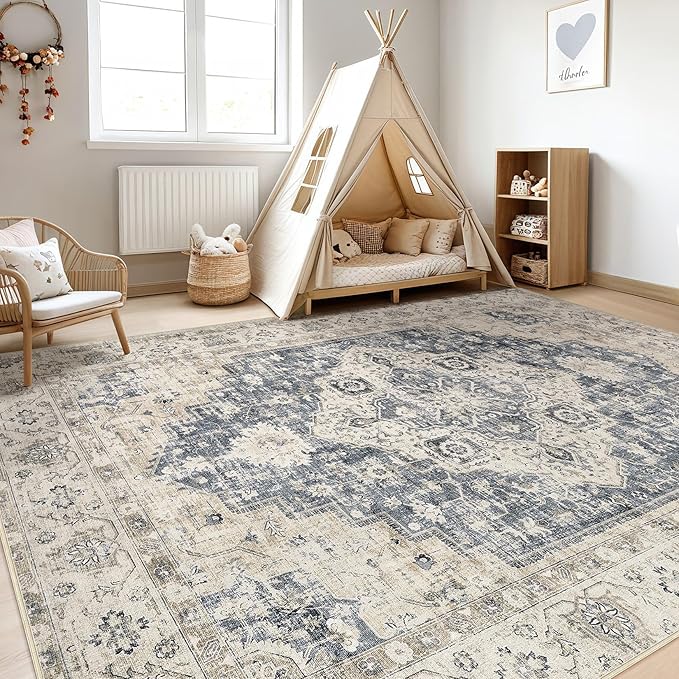 9x12 Area Rug Living Room: Washable Boho Large Neutral Vintage Soft Rugs Stain Resistant Distressed Farmhouse Non-Slip Indoor Floor Carpet for Bedroom Nursery Kids Office Dining Room- Brown Blue