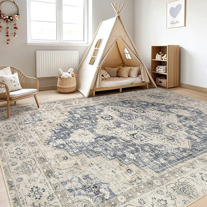 8x10 Area Rugs Living Room: Washable Boho Large Neutral Vintage Soft Rug Stain Resistant Distressed Farmhouse Non-Slip Indoor Floor Carpet for Bedroom Nursery Kids Office Dining Room- Brown Blue