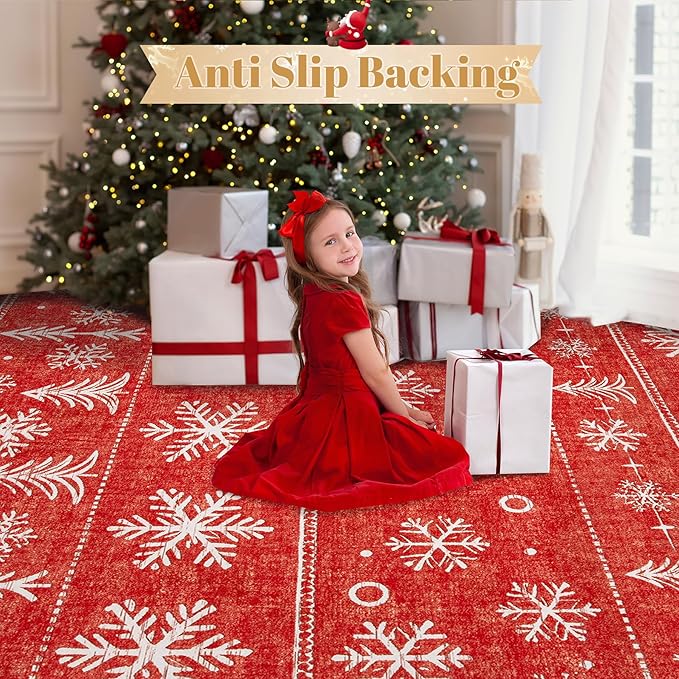 Christmas Area Rug 6x9 Rugs: Washable Living Room Rug Xmas Holiday Decor Rugs Snowflake Low Pile Boho Rug Indoor Floor Carpet for Bedroom Kitchen Dining Room Home(Xmas Red, 6'x9')