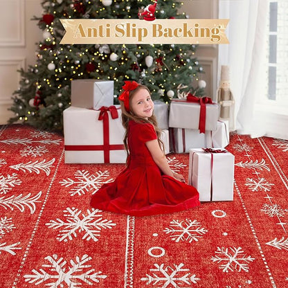 Christmas Area Rug 6x9 Rugs: Washable Living Room Rug Xmas Holiday Decor Rugs Snowflake Low Pile Boho Rug Indoor Floor Carpet for Bedroom Kitchen Dining Room Home(Xmas Red, 6'x9')