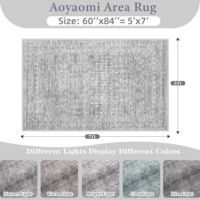 Area Rug Living Room Rugs 5x7 - Large Soft Boho Geometric Rugs, Non-Slip Foldable Washable Area Rug Non Shedding Morden Indoor Floor Carpet for Living Bedroom Office Dining Room (Moroccan Grey, 5'x7')