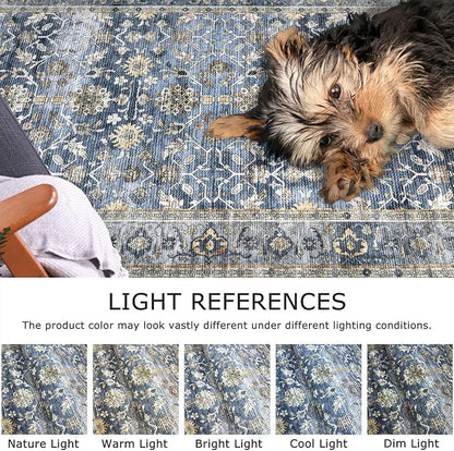 KUTA Vintage Long Runners for Hallways, 2.6x12 Blue Grey Beige Washable Non-Slip Kitchen Rugs Ultra Thin Soft Printed Distressed Oriental Floral Floor Carpet for Laundry Bedroom Living Room Nursery