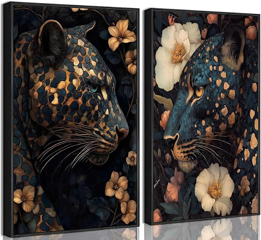 Framed Dark Cheetah Canvas Wall Art Moody Blue and Gold Leopard Wildlife Animal Flower Pictures Painting Wall Decor Poster Print Artwork for Living Room Bedroom Decoration